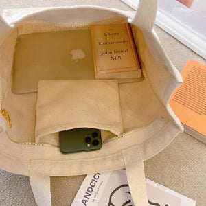 Classic Poetry Life College Style Shoulder Bag Retro Zipper Canvas Shopping Bag
