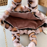 Leopard Faux Fur Shoulder Bag Chain Messenger Large Plush Handbag