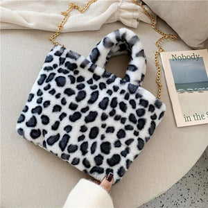 Leopard Faux Fur Shoulder Bag Chain Messenger Large Plush Handbag
