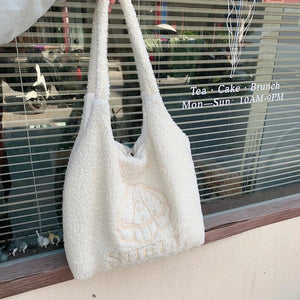 Faux Lamb Wool Women's Vest Shoulder Bag Embroidery Female Plush Tote Bags