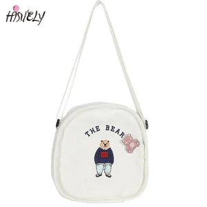 Summer Oval Canvas Shoulder Bag with Funny Embroidery Bear