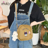 Summer Oval Canvas Shoulder Bag with Funny Embroidery Bear