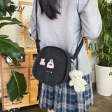 Summer Oval Canvas Shoulder Bag with Funny Embroidery Bear
