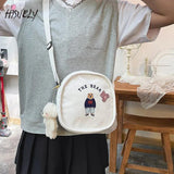 Summer Oval Canvas Shoulder Bag with Funny Embroidery Bear