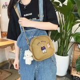 Summer Oval Canvas Shoulder Bag with Funny Embroidery Bear