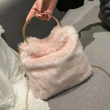 Rex Rabbit Fur Straw Bag Ring Bucket Bag Shoulder Chain Bag