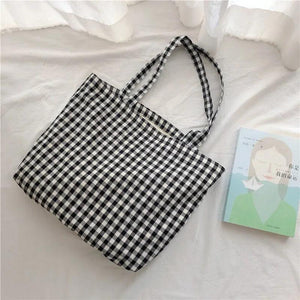 Plaid Shoulder Bag Cotton Fabric Women Tote Handbag