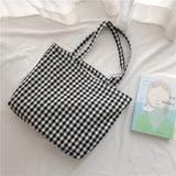 Plaid Shoulder Bag Cotton Fabric Women Tote Handbag