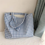 Plaid Shoulder Bag Cotton Fabric Women Tote Handbag