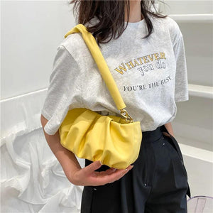 Solid Pleated Tote Bag Soft Leather Women Handbag Shoulder Armpit Bag