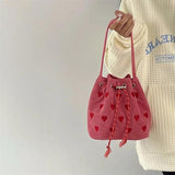 Embroidered Girls Drawstring Messenger Bag Plaid Bucket Shoulder Purse