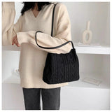 Striped Wool Knitted Women's Shoulder Bag Handbag Buckle Bucket Tote Bags
