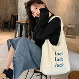 Letter Embroidery Plush Shoulder Bag Faux Lamb Wool Female Tote Handbag