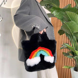 Furry Rainbow Women's Shoulder Bag Plush Crossbody Tote Handbag