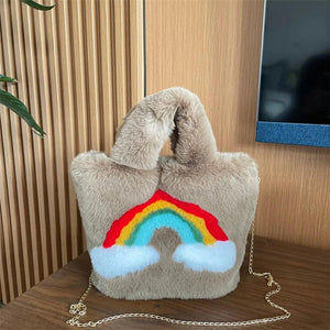 Furry Rainbow Women's Shoulder Bag Plush Crossbody Tote Handbag