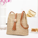 Women Weave Straw Beach Bag Woven Bucket Shoulder Tote Tassel Handbag