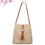 Women Weave Straw Beach Bag Woven Bucket Shoulder Tote Tassel Handbag