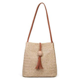 Women Weave Straw Beach Bag Woven Bucket Shoulder Tote Tassel Handbag