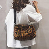 Leopard Corduroy Flaps Shoulder Bag Vintage Big Capacity Handbag