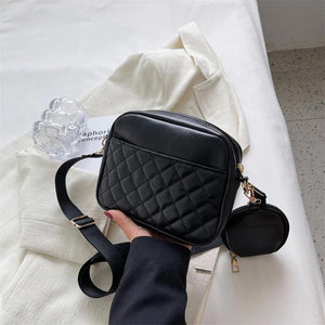 Plaid PU Leather Crossbody Bag Wide Strap Square Handbag
