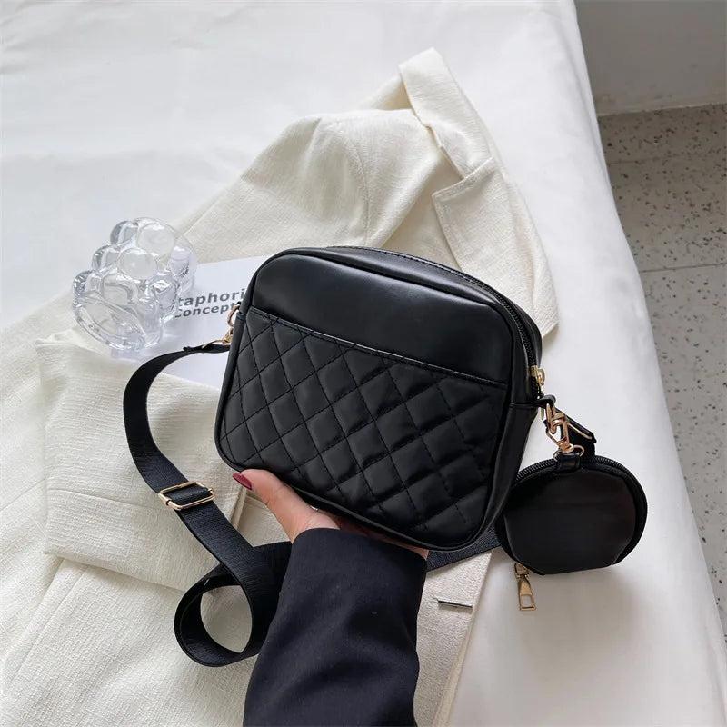 Plaid PU Leather Crossbody Bag Wide Strap Square Handbag