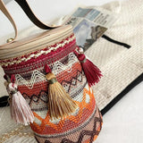 Ethnic Style Women Crossbody Shoulder Bag Classic Cotton Tassel Cylinder Bag