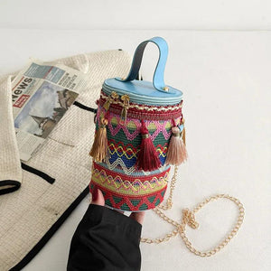 Ethnic Style Women Crossbody Shoulder Bag Classic Cotton Tassel Cylinder Bag