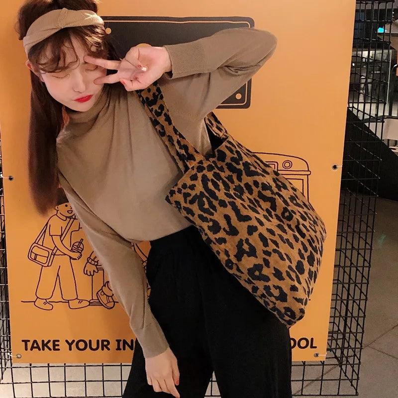Leopard Corduroy One Shoulder Canvas Bag