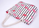 Flamingo Striped Canvas Shoulder Bag Women Casual Beach Handbag