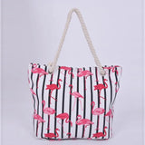 Flamingo Striped Canvas Shoulder Bag Women Casual Beach Handbag