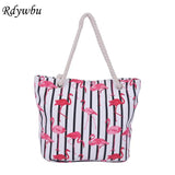 Flamingo Striped Canvas Shoulder Bag Women Casual Beach Handbag