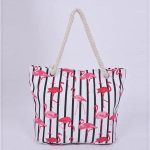 Flamingo Striped Canvas Shoulder Bag Women Casual Beach Handbag