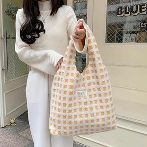 Waffle Plaid Top-handle Bag Large Capacity Casual Tote Shopping Street Travel