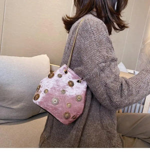 Velvet Shoulder Bag Rivet Crossbody Bucket Handbag