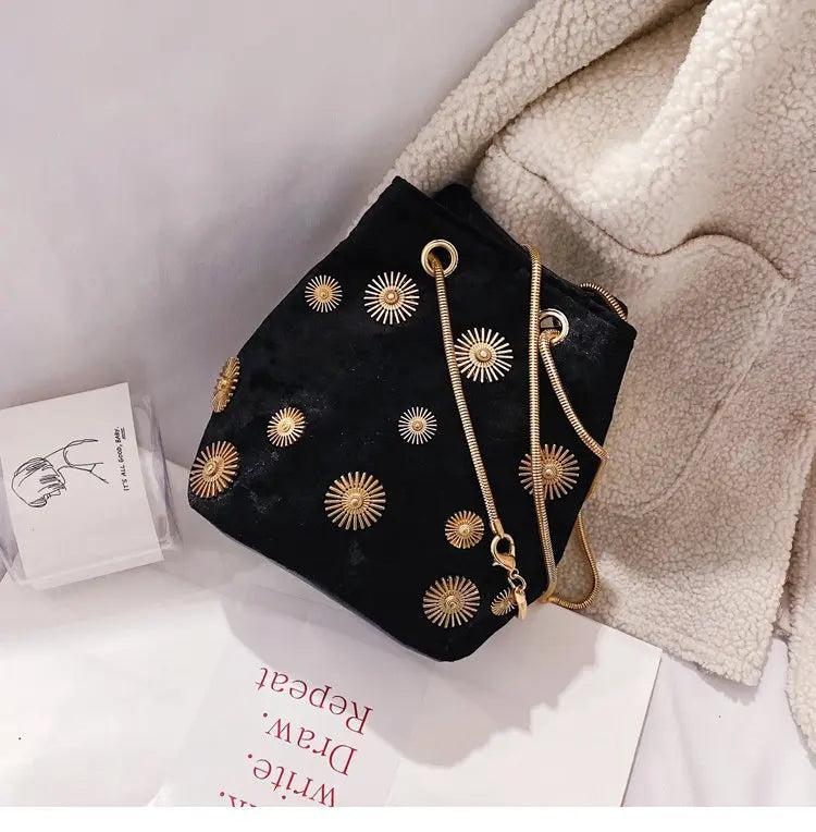 Velvet Shoulder Bag Rivet Crossbody Bucket Handbag
