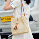 Women's Large Straw Handbag with Wooden Beads