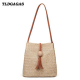 Women's Large Straw Handbag with Wooden Beads