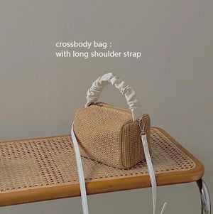 Summer Beach Straw Bag Women's Shoulder Crossbody Pleated Handle Handbag