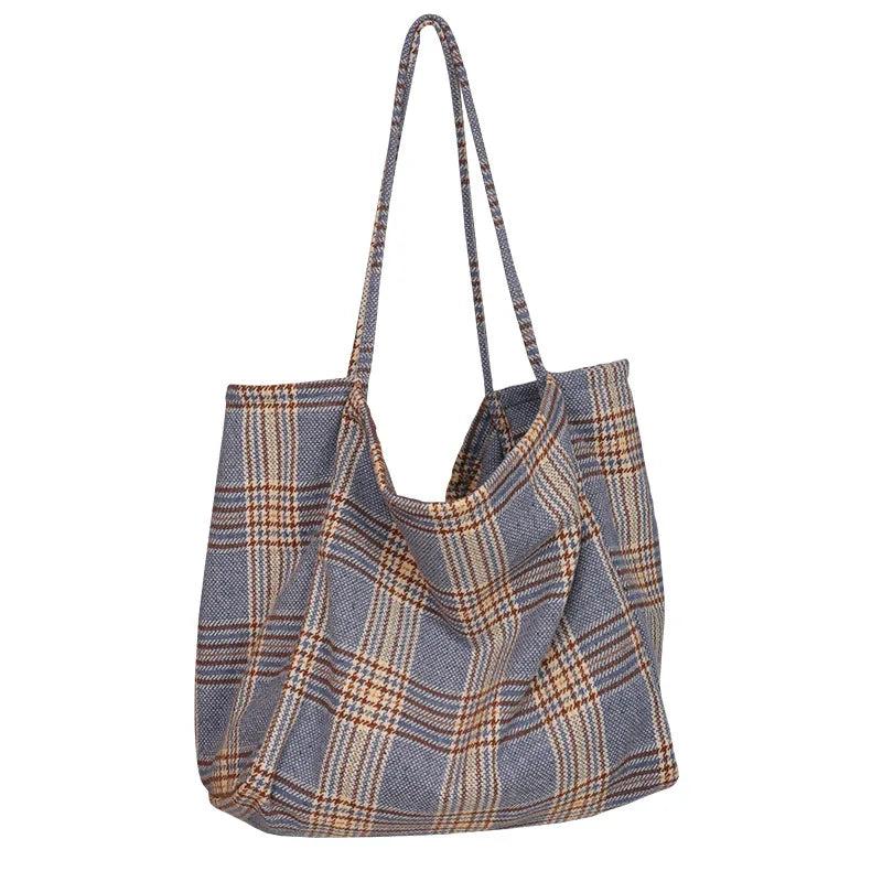 Vintage Plaid Woolen Canvas Bag Large Capacity