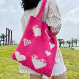 Heart Print Knitting Handbags Crochet Hobo Bag Totes for Women