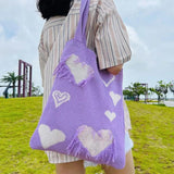 Heart Print Knitting Handbags Crochet Hobo Bag Totes for Women