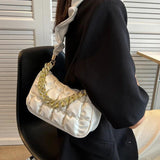 Pleated Leather Shoulder Bag Crossbody with Chain Top Handle