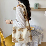 Women Lamb Fabric Tote Bag Fluffy Fur Bear Handbags Large Capacity Soft Shopping