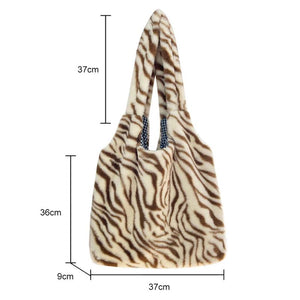 Leopard Print Shoulder Bag Soft Fluffy Handheld Shopping Bag for Autumn Winter