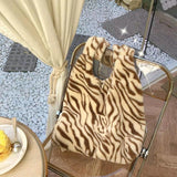 Leopard Print Shoulder Bag Soft Fluffy Handheld Shopping Bag for Autumn Winter