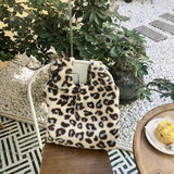 Leopard Print Shoulder Bag Soft Fluffy Handheld Shopping Bag for Autumn Winter