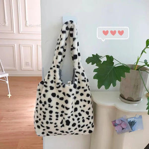 Leopard Print Shoulder Bag Soft Fluffy Handheld Shopping Bag for Autumn Winter