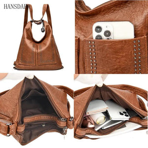 3 IN 1 Rivet Soft PU Leather Shoulder Messenger Bags Large Capacity Women's Hand