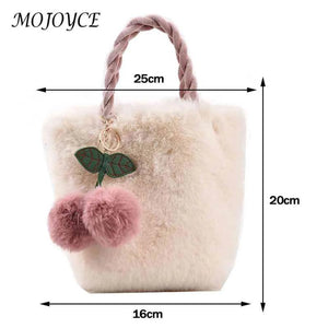 Cherry Bucket Bag Plush Women Handbags Chain Casual Portable Soft Warm