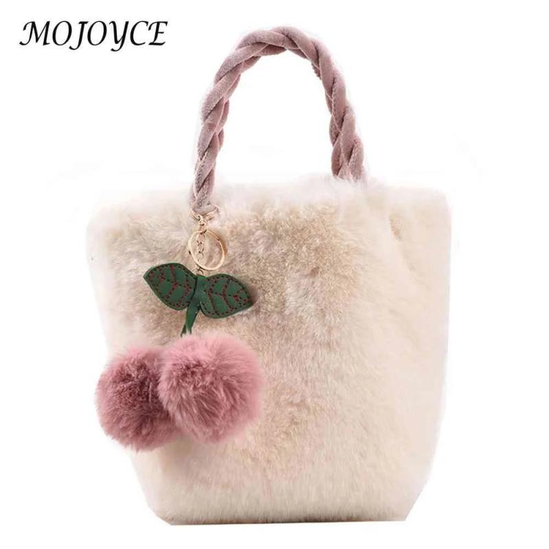 Cherry Bucket Bag Plush Women Handbags Chain Casual Portable Soft Warm